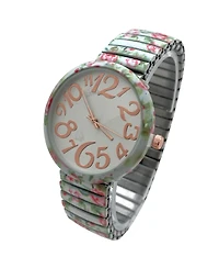 Olivia Pratt Mint Floral Big Dial Easy Reader Watch Floral Elastic Stretch Band Wristwatch Women Watch