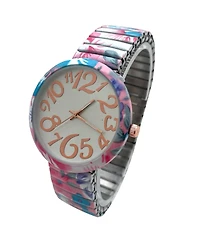 Olivia Pratt Turquoise Floral Big Dial Easy Reader Watch Floral Elastic Stretch Band Wristwatch Women Watch