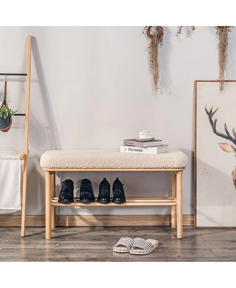 Nordlys - Solid Wood and White Boucle Storage Bench Exotic Boho Upholstery Entry
