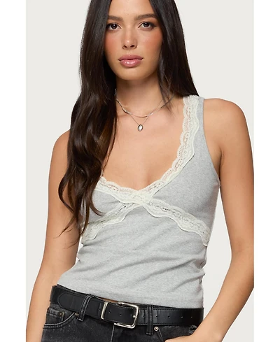 Edikted Women's Oriana Contrast Lacey V Neck Top