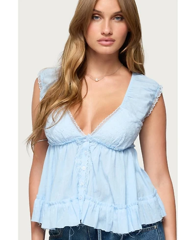 Edikted Womens Gizelle Cotton V Neck Babydoll Top