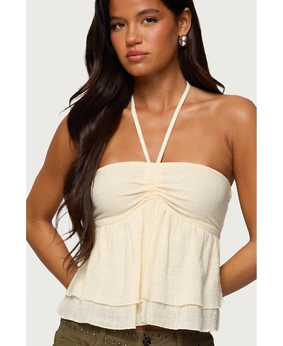 Edikted Womens Layered Linen Look Babydoll Halter Top