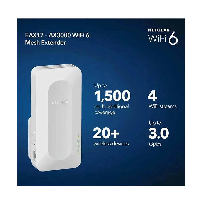 Netgear AX3000 Dual-Band Wi-Fi 6 Wall Plug Range Extender - White