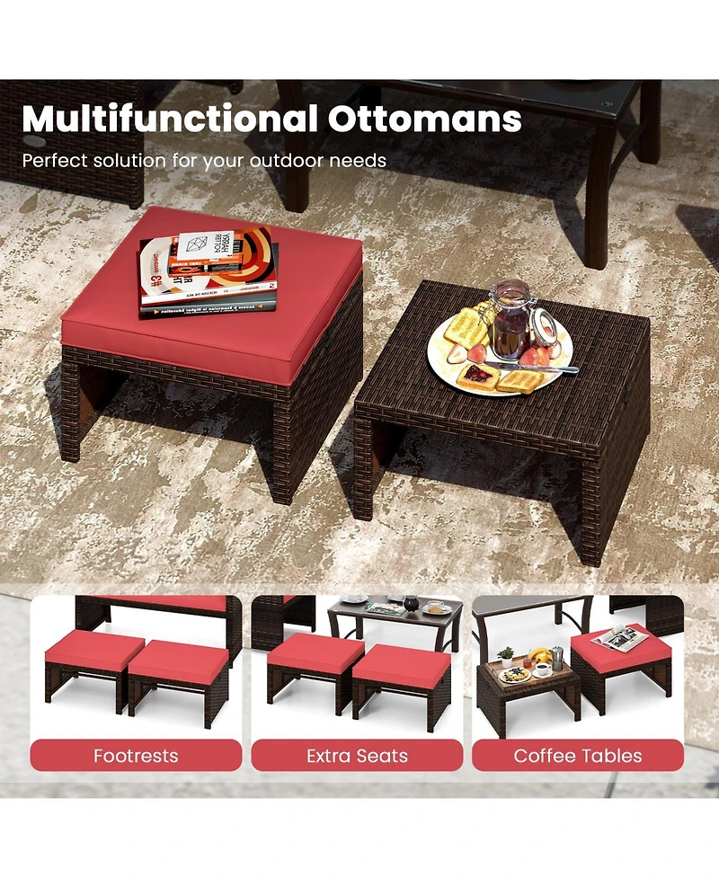 Gymax Set of 2 Patio Pe Rattan Ottomans w/ Soft Zippered Cushions for Deck Outdoor