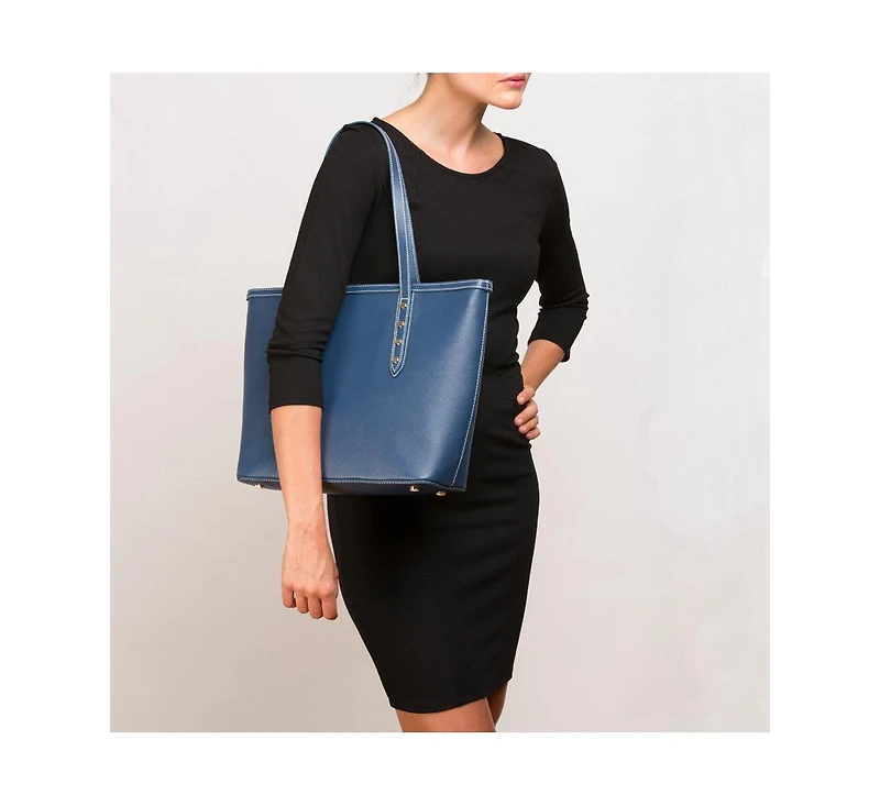 Susu Blue Leather Shoulder Bag Elegant Big Tote Handbag for Women with Double Straps and Zip Closure