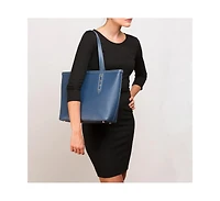 Susu Blue Leather Shoulder Bag Elegant Big Tote Handbag for Women with Double Straps and Zip Closure
