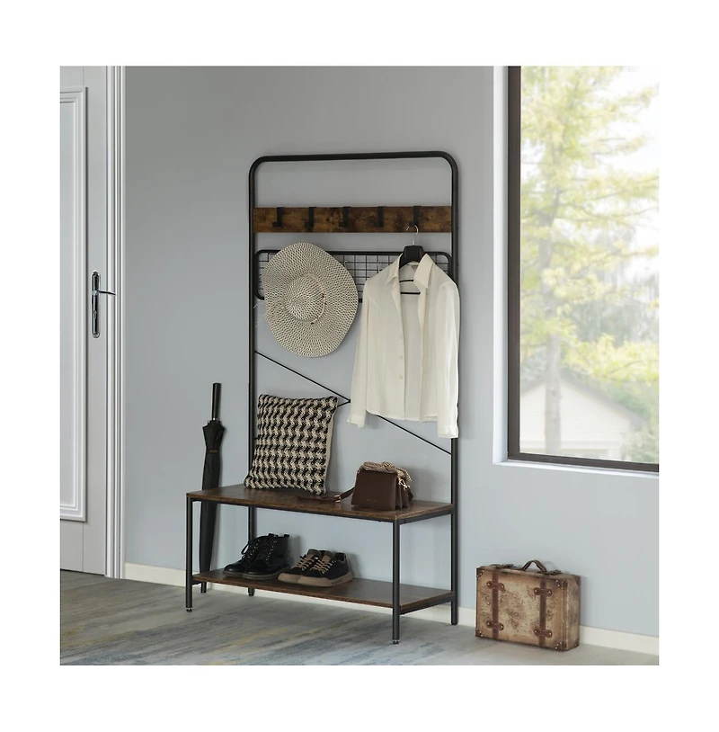 Vintage like Brown Coat Rack Hall Tree with Storage for Entryway With 10 Hooks and Storage