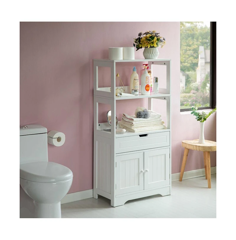 Basicwise Tall Freestanding Wooden Storage Vanity, Kitchen Pantry, and Bathroom Cabinet Organizer, with 2 Open shelves, A drawer and 2 Door Cabinet, W