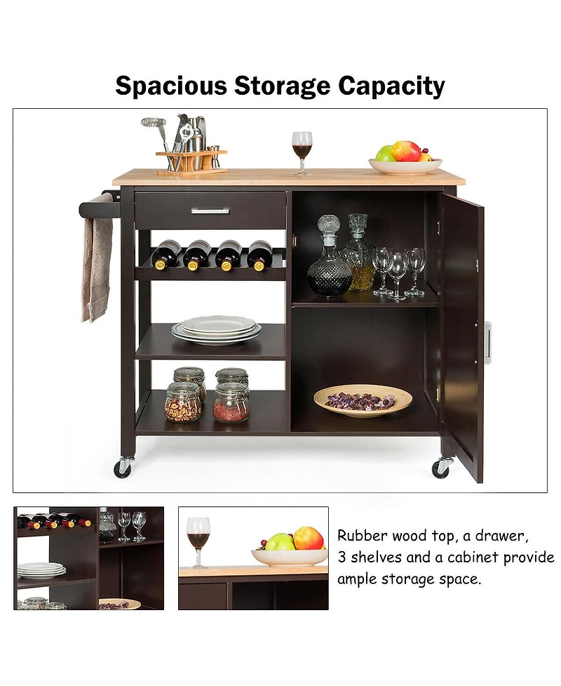 Gymax 4-Tier Wood Kitchen Island Trolley Cart Storage Cabinet w/ Wine Rack & Drawer