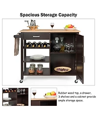 Gymax 4-Tier Wood Kitchen Island Trolley Cart Storage Cabinet w/ Wine Rack & Drawer