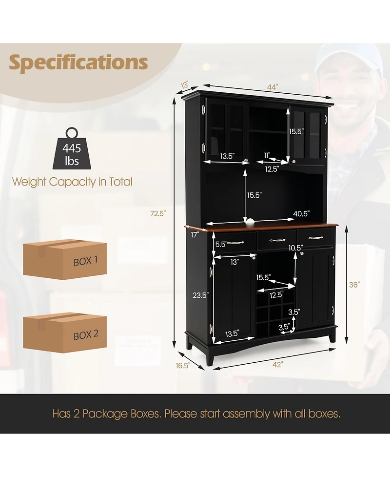 Gymax Buffet And Hutch Kitchen Storage Cabinet Cupboard w/ Wine Rack & Drawers Black