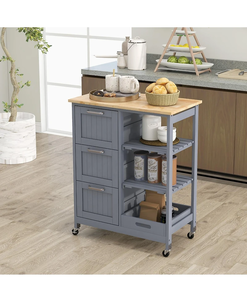 Gymax Rolling Kitchen Island Utility Storage Cart w/ 3 Storage Drawers & Shelves