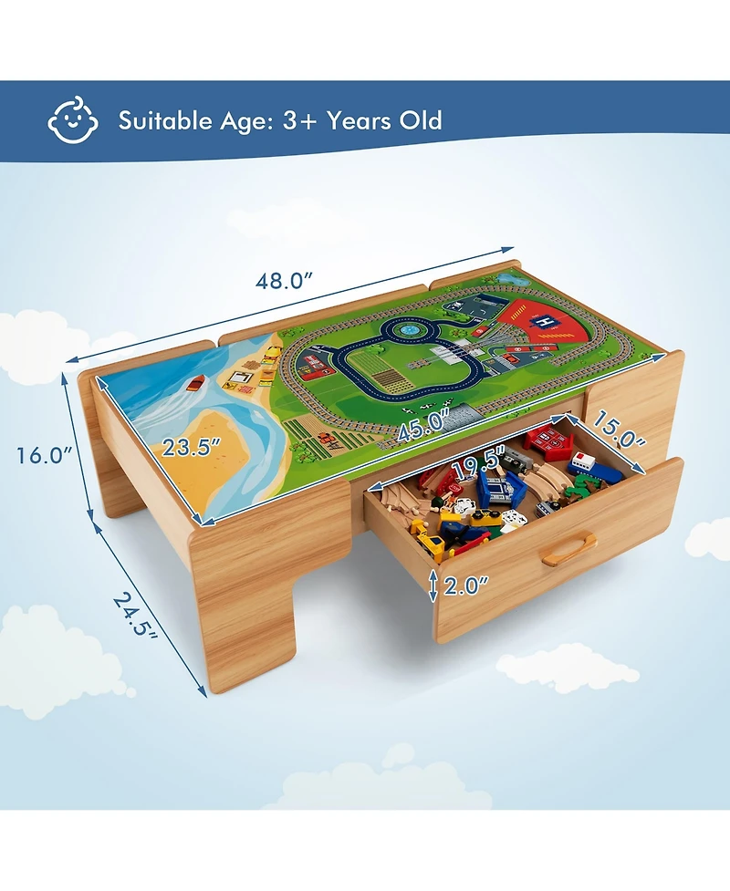 Kids Wooden Train Set & Double-Sided Table Playset w/100 Pieces & Storage Drawer