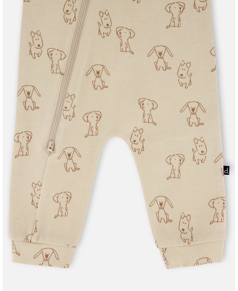 Deux par Deux Baby Boy Cotton Zipped Romper Beige Puppy Print - Baby