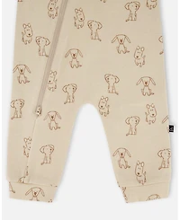 Deux par Deux Baby Boy Cotton Zipped Romper Beige Puppy Print - Baby