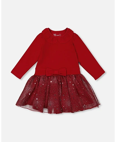 Deux par Big Girls Bi-Material Dress with Glittering Skirt Red