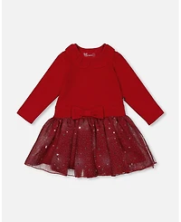 Deux par Big Girls Bi-Material Dress with Glittering Skirt Red