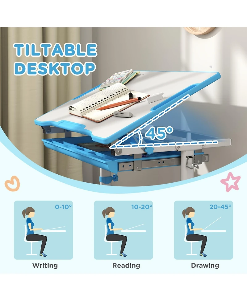 Qaba Height Adjustable Kids Desk and Chairs Set with Tilt Desktop,