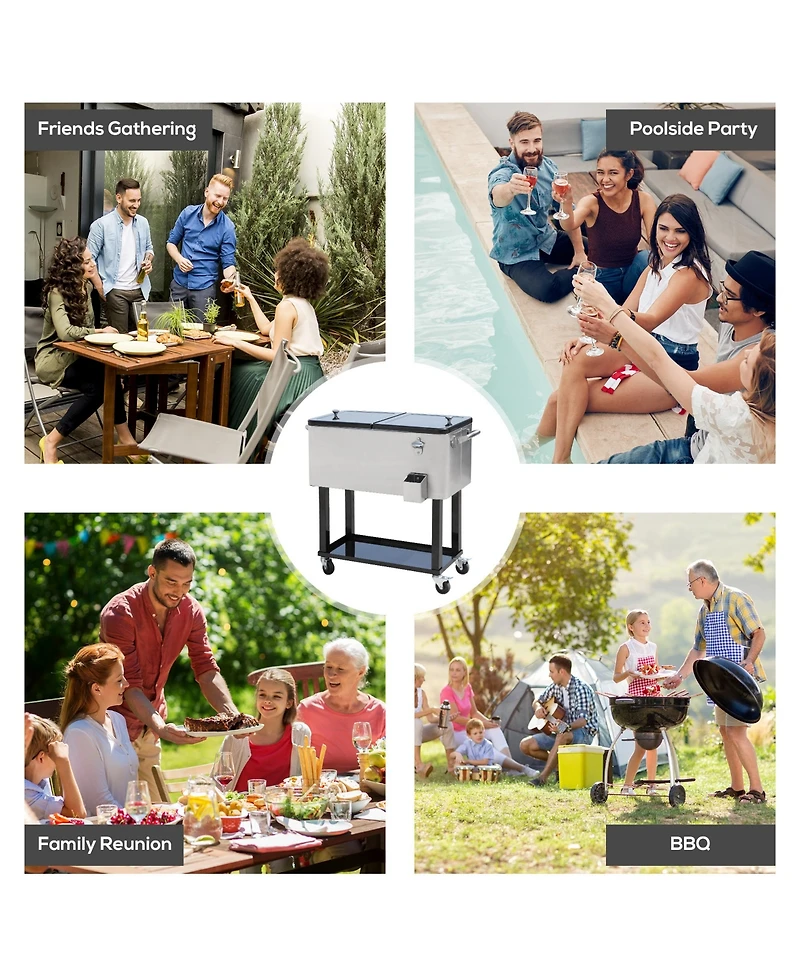 Outdoor 80 Quart Portable Rolling Patio Steel Party Cooler Cart Ice Chest