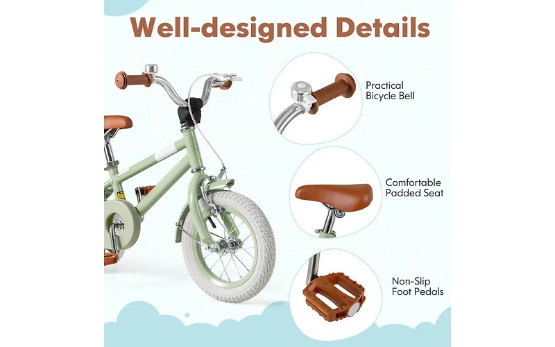 Kids Bike with Adjustable Handlebar and Saddle - Green - 12 Inches