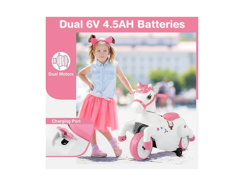 12V Unicorn Ride-On Toy with Training Wheels and Horse Riding Mode - Pink