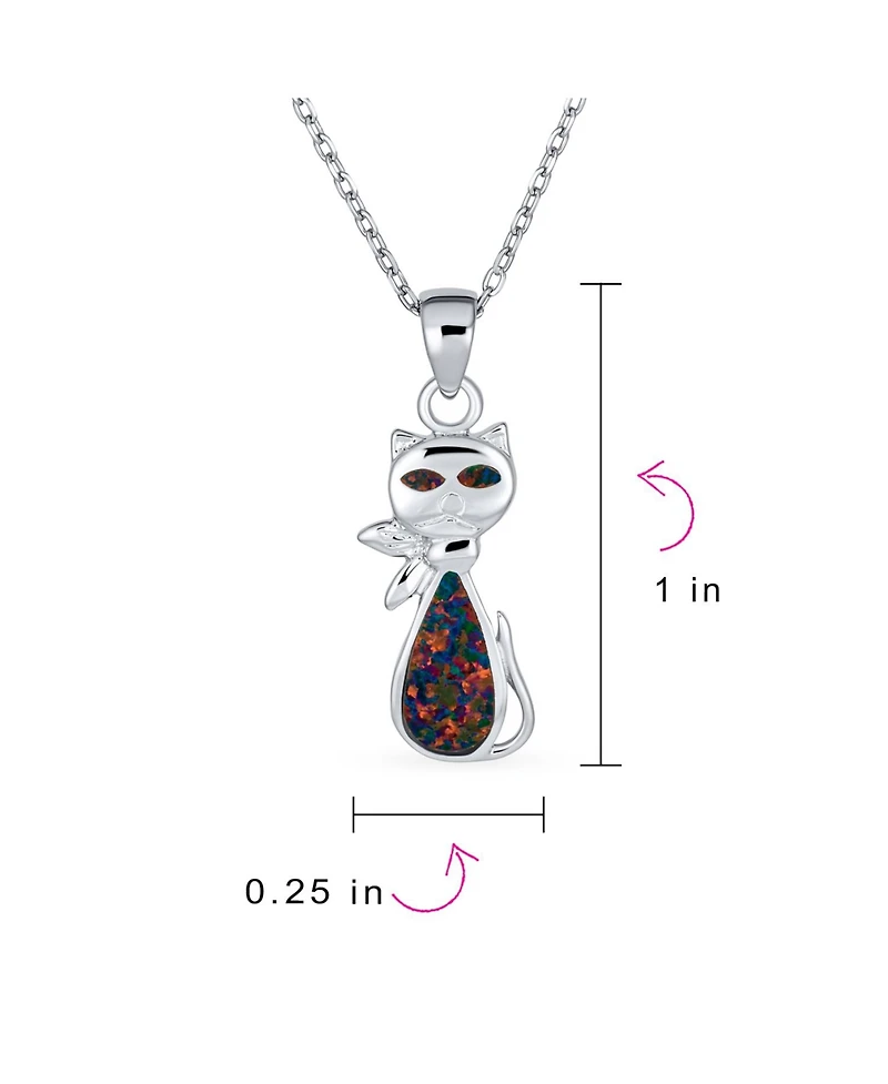 Bling Jewelry Cute Sweet Animal Pet Sitting Kitten Kitty Kat Curious Black Created Opal Cat Dangle Necklace Pendant .925 Sterling Silver