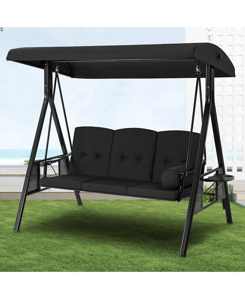 Boyel Living 3-Person Metal Patio Swing with Removable Cushion & Cup Holder Outdoor Porch Chair for Adults Garden Backyard Deck