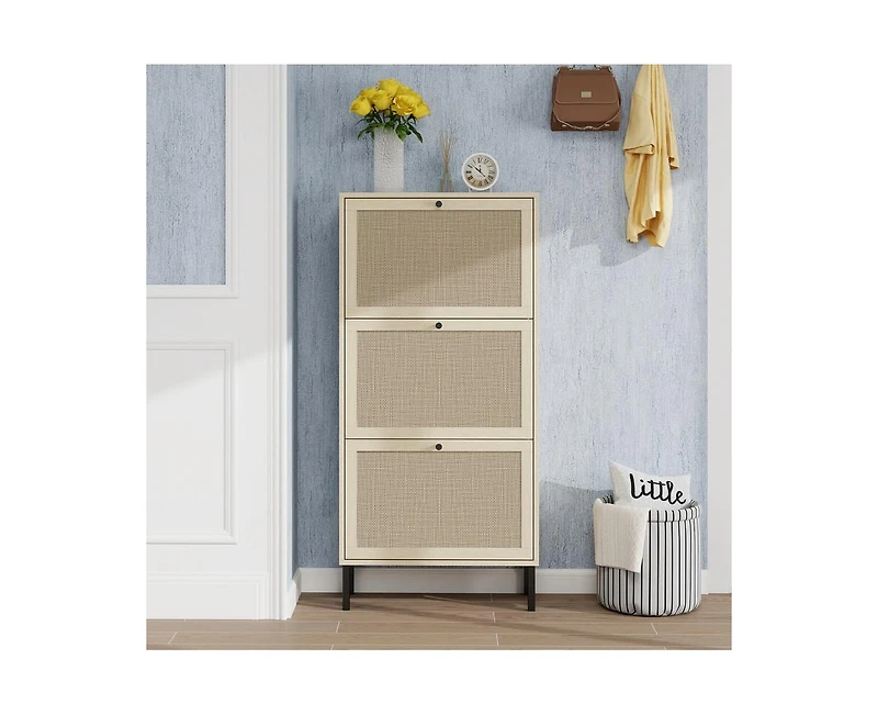 Casainc Rattan Freestanding Modern Storage Cabinet with 3 Door Shoe Rack