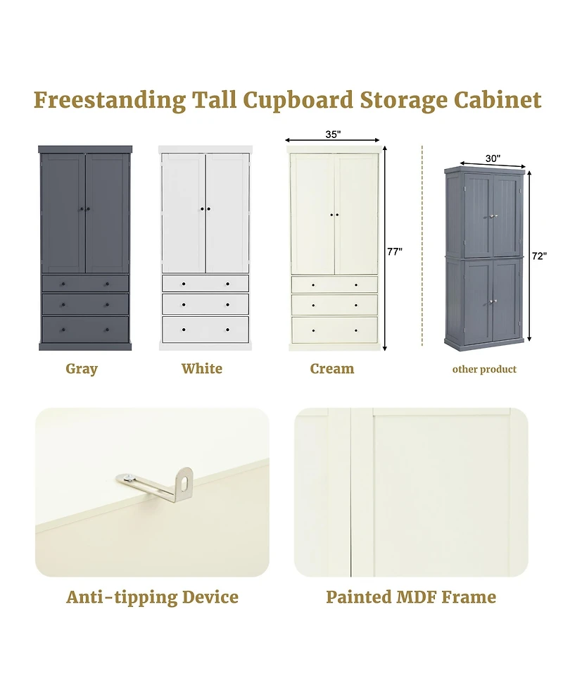 Casainc 77" Freestanding Tall Kitchen Pantry Cabinet with Drawers and Adjustable Door Shelves