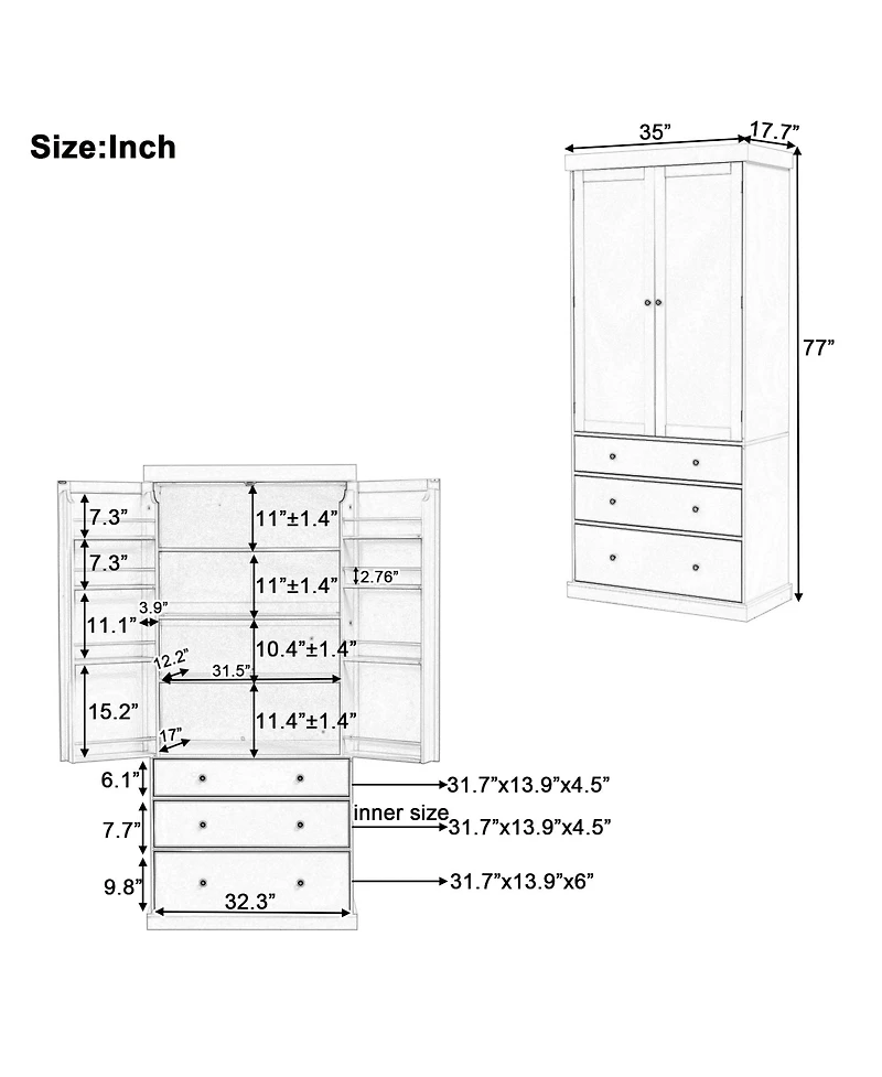 Casainc 77" Freestanding Tall Kitchen Pantry Cabinet with Drawers and Adjustable Door Shelves