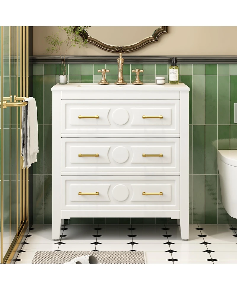 Casainc 30" Freestanding Vanity With Ceramic Sink Combo and 3 Drawers, Solid Wood Frame