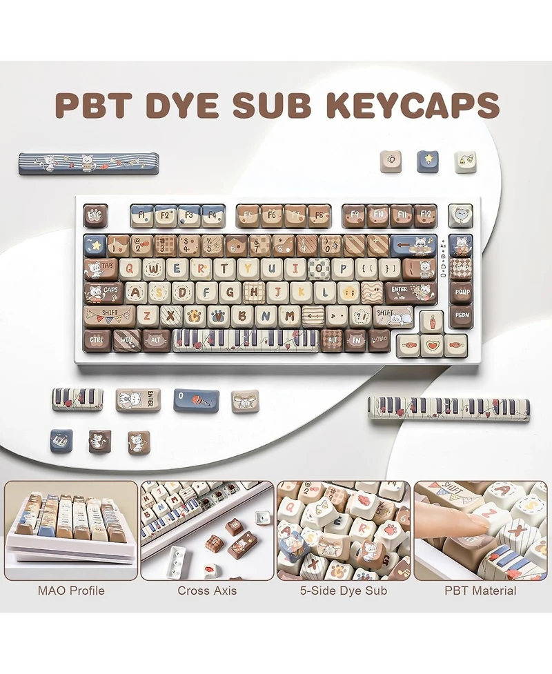 Dye-Sub Pbt Keycap Set, Mao Profile, 142 Full Keys Cute Cat Custom Keycaps with Key Puller for Cherry Gateron Mx Switches Mechanical Gaming Keyboard