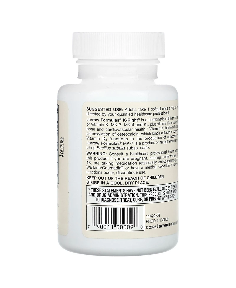 Jarrow Formulas K-Right - Vitamin K-Complex (K1, Mk-4, Mk-7, D3) - 60 Servings (Softgels)