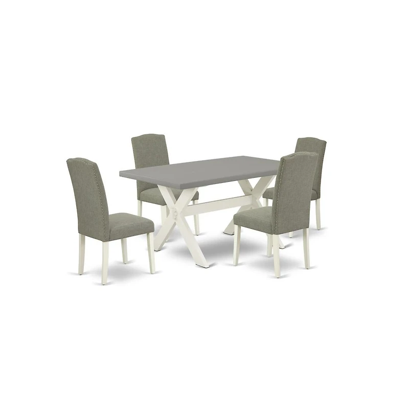 East West Furniture 5-Piece Modern Rectangular Table Set a Good Cement Color Kitchen Table Top and 4 Lovely Linen Fabric Padded Chairs with Nail Heads
