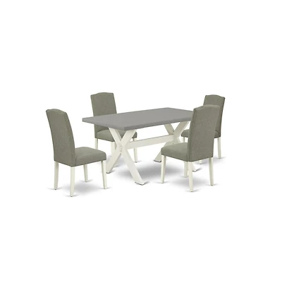 East West Furniture 5-Piece Modern Rectangular Table Set a Good Cement Color Kitchen Table Top and 4 Lovely Linen Fabric Padded Chairs with Nail Heads