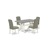 East West Furniture 5-Piece Modern Rectangular Table Set a Good Cement Color Kitchen Table Top and 4 Lovely Linen Fabric Padded Chairs with Nail Heads