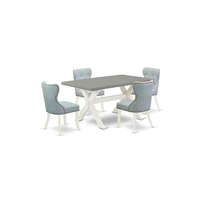 East West Furniture 5-Pc Kitchen Dining Room Set- 4 Parson Dining Room Chairs with Baby Blue Linen Fabric Seat and Button Tufted Chair Back
