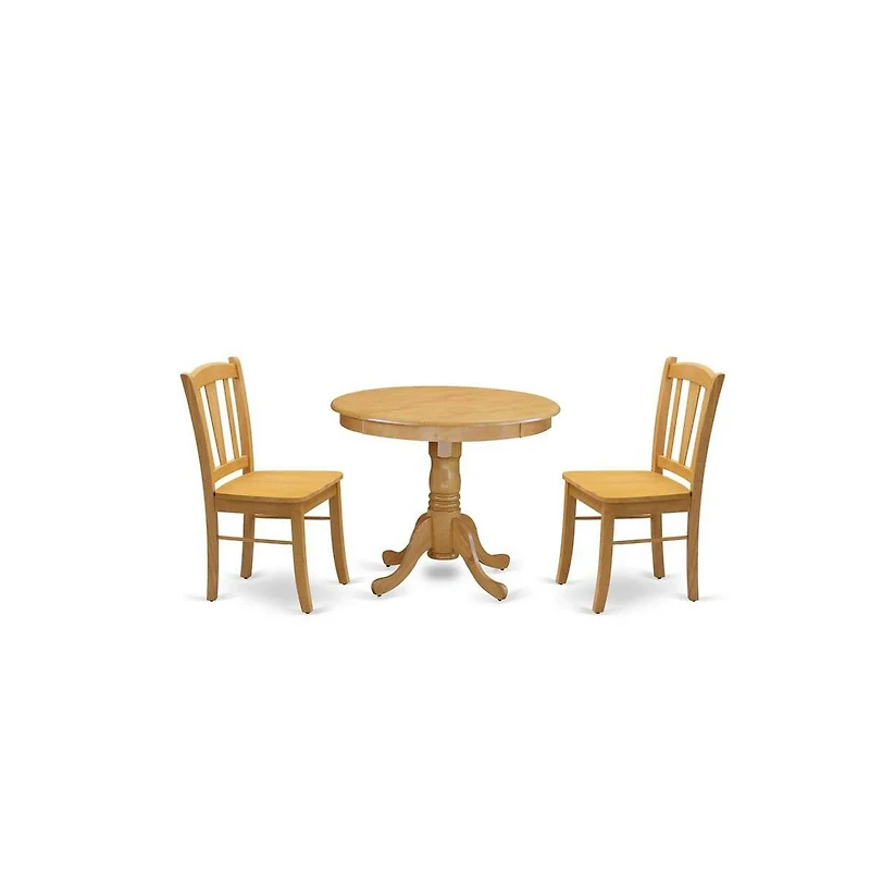 East West Furniture 3-Piece Dinette Room Set- 2 Kitchen Dining Chair and Wooden Dining Table - Wooden Seat and Slatted Chair Back - Oak Finish
