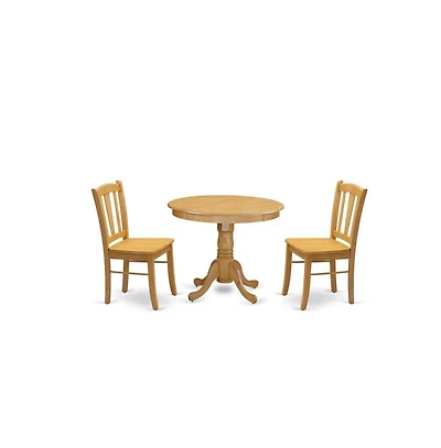 East West Furniture 3-Piece Dinette Room Set- 2 Kitchen Dining Chair and Wooden Dining Table - Wooden Seat and Slatted Chair Back - Oak Finish