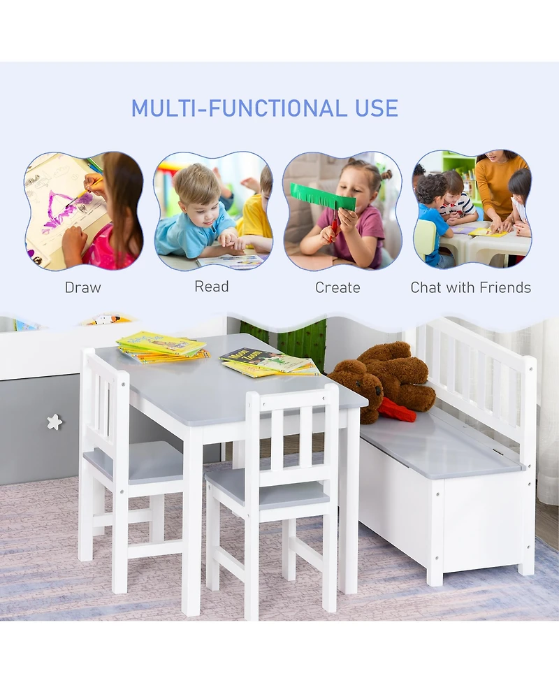 Qaba 4-Piece Kids Table Set with 2 Wooden Chairs, 1 Storage Bench,