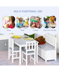 Qaba 4-Piece Kids Table Set with 2 Wooden Chairs, 1 Storage Bench,