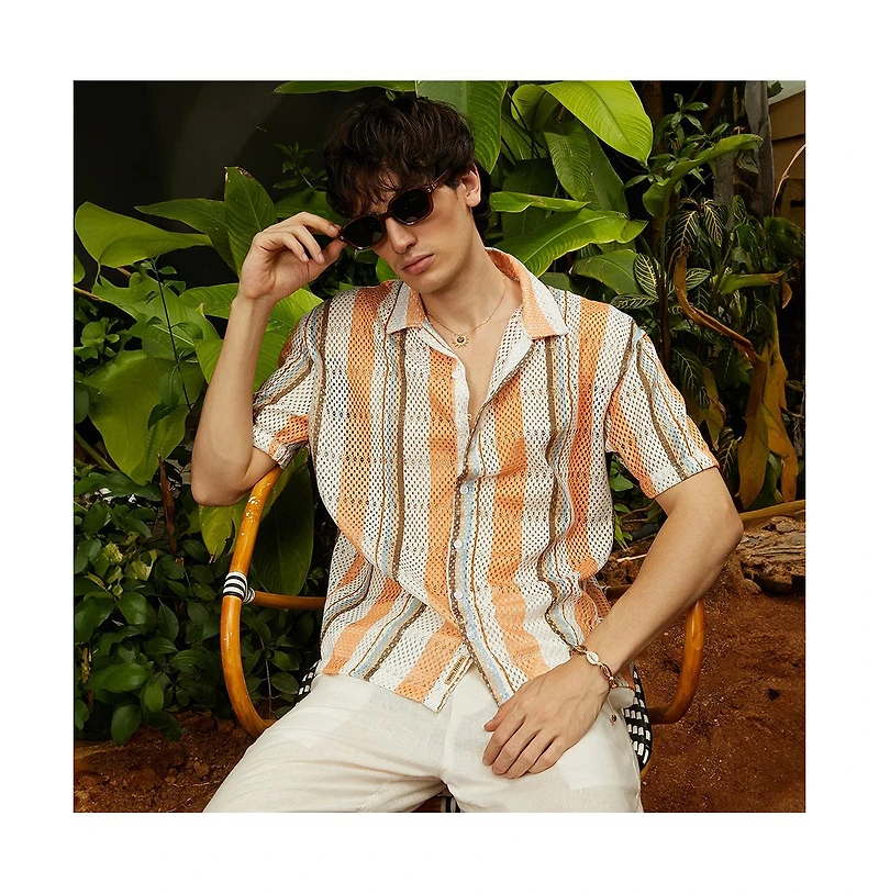 Campus Sutra Men's Coral Orange & Saltbox Beige Multitrack Knit Oversized Shirt