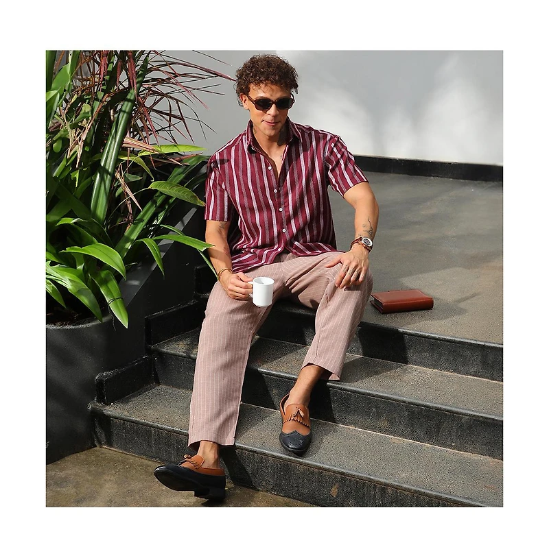 Campus Sutra Men's Maroon Red Pencil Striped Shirt