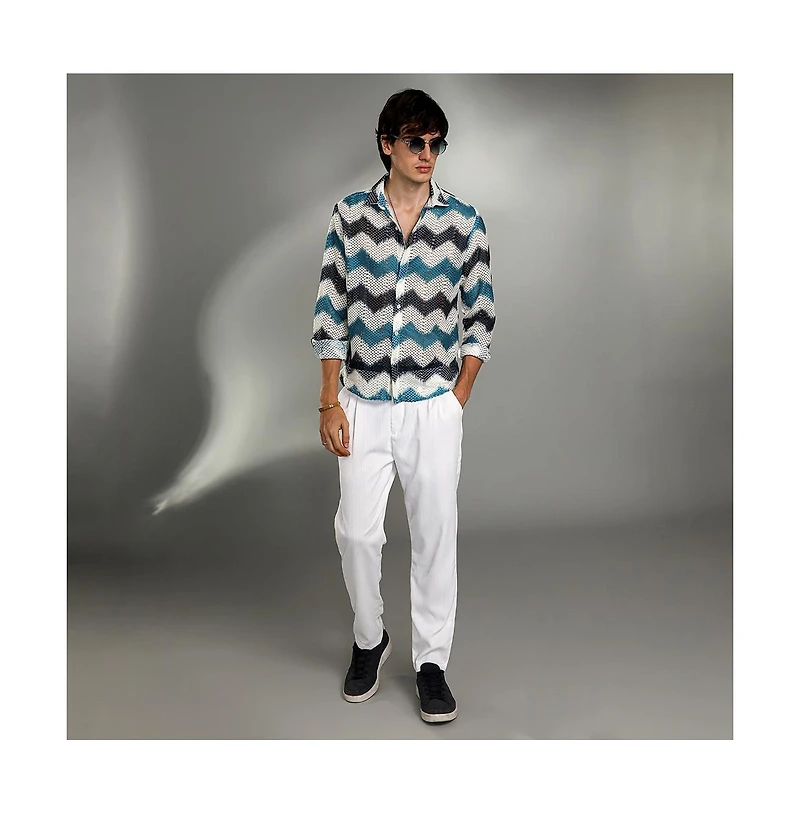Campus Sutra Men's Electric Blue & Powder White Chevron-Block Knit Shirt