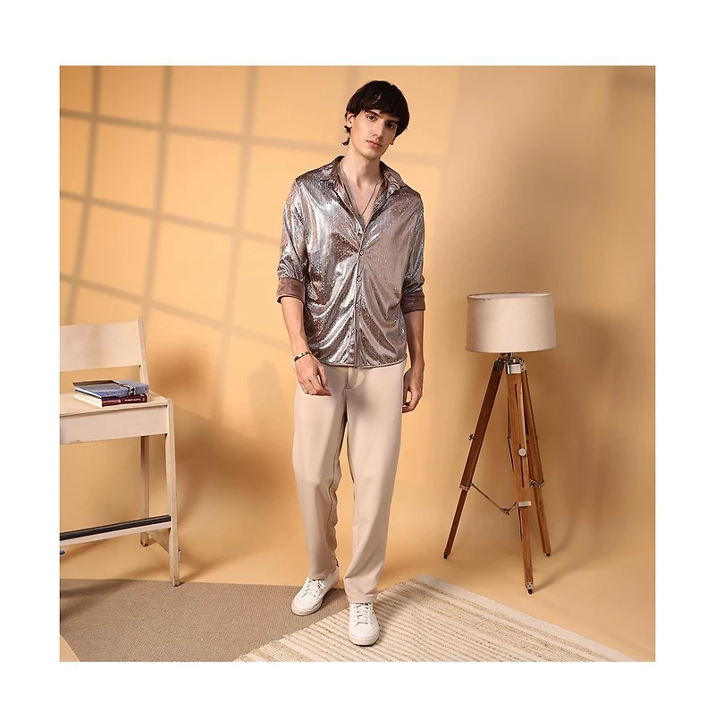 Campus Sutra Men's Metallic Brown Sheen Chevron Shirt