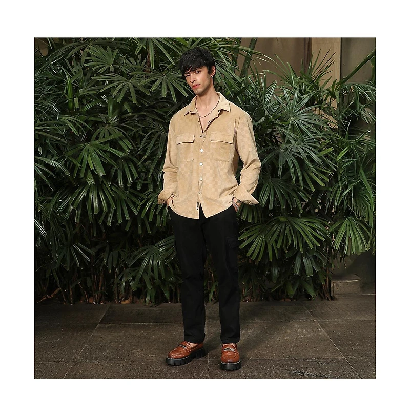 Campus Sutra Men's Buff Beige Cubic Velvet Utility Shacket