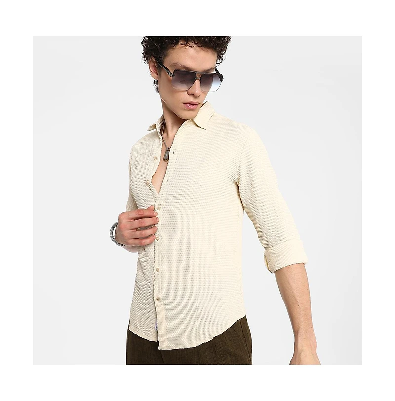 Campus Sutra Men's Ivory White Weave-Textured Shirt
