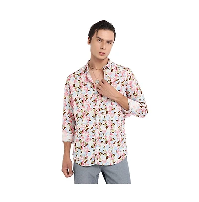 Campus Sutra Men's Blue & Pink Leaf Strokes Shirt