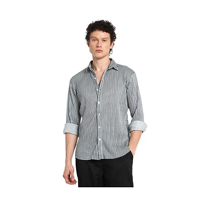 Campus Sutra Men's Midnight Black & Powder White Pleat-Creased Shirt