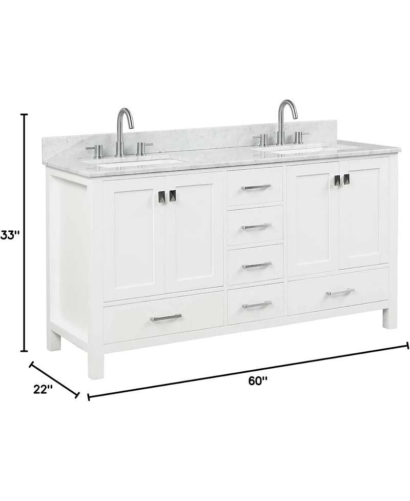 Vanirror 60-Inch Double Bathroom Vanity in Matte White – Solid Wood Cabinet with Marble Countertop and Ceramic Undermount Sink